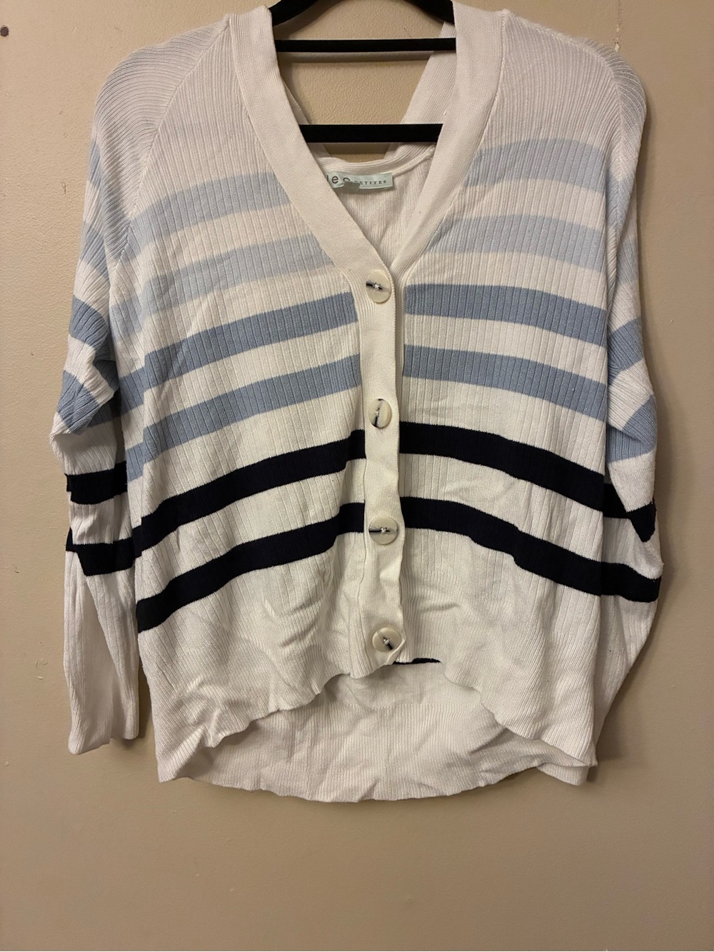 cleo V-Neck Button Stripe Cardigan in White, Light Blue & Black - Picture 2 of 2